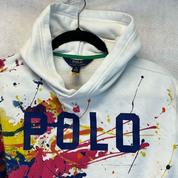 POLO RALPH LAUREN Hoodie Girls Medium White Paint Splatter Print Fleece Pullover - Picture 3 of 12